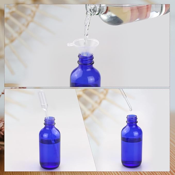 Wedama Glass Spray Bottles, Mini Spray Bottles 2 oz, Empty Small Spray Bottles with Funnel Dropper, Fine Mist for Hair, Travel, Plants, Cleaning Solutions and Skin Care (4 Pack Blue)