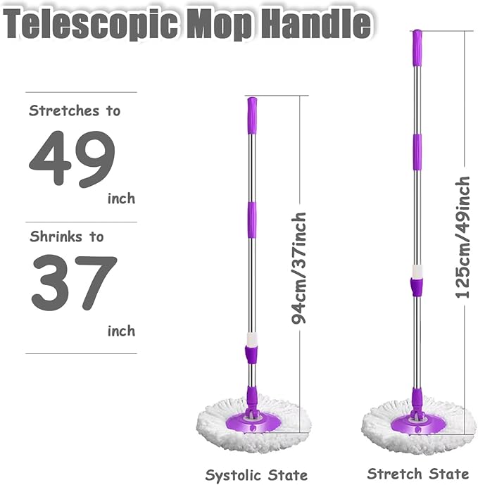Spin Mop Replacement Mop Handle, 49-inch 360 Degrees Rotating Telescopic Replacement Mop Stick with Reinforced Plastic Disc for Spin Mop Bucket Cleaning System (Plastic Disc, Purple)