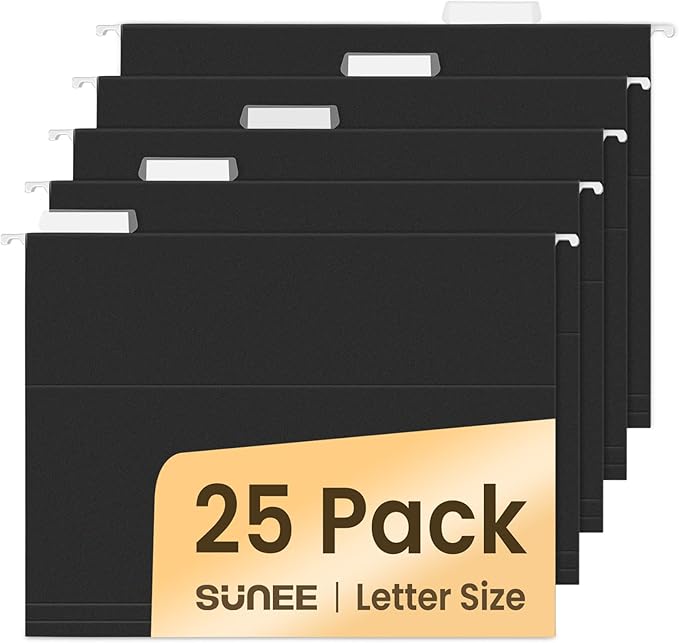 SUNEE 25 Pack Hanging File Folders, Black Folders, Hanging File Folders Letter Size with 1/5-cut Tabs, Stay Organized for Your Home and Office Bulk File and Documents