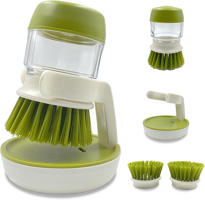 Soap Dispenser Dish Brush Palm Brush Scrub Brush Equipped with Storage Bracket and Drainage Base,Easy to Clean Kitchen Utensils and Sink, Includes a Replaceable Brush（Green）