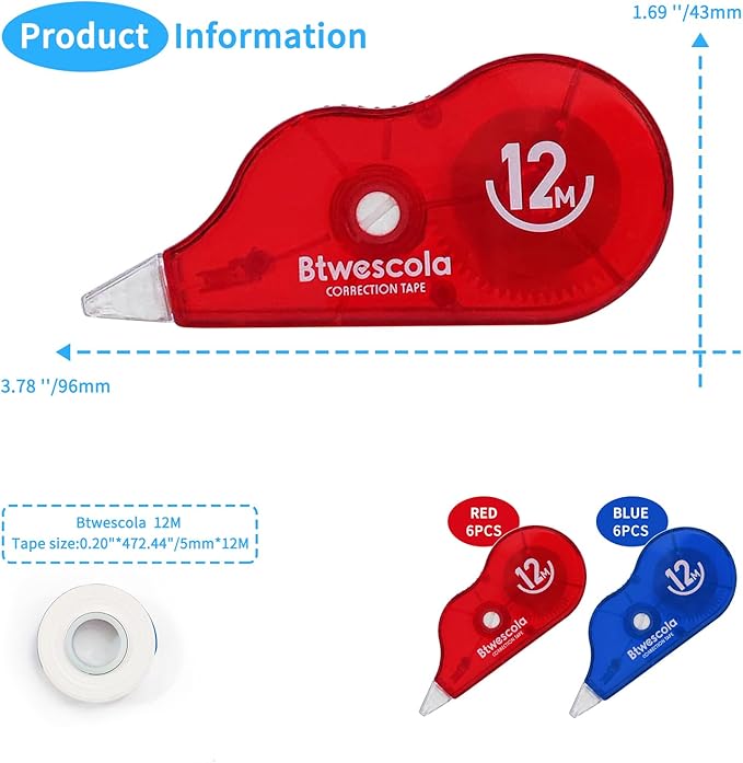 Correction Tape, 39.37FT Gift Packed Tear-Resistant Correction Tape, Tape for School, Office, With Roller Adjuster (9747-12pcs)
