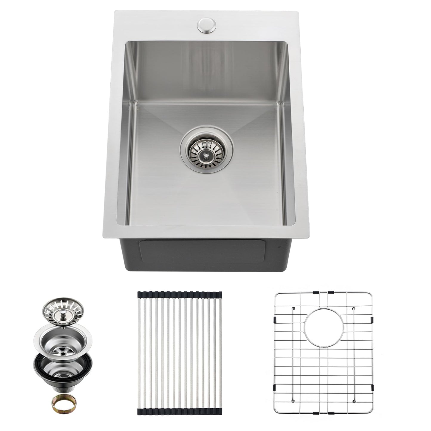 EcoChannels Drop In Kitchen Sink, 15 x 20 x 10 Inch 16 Gauge Single Bowl Topmount Wet Bar Sink T-304 Stainless Steel RV Kitchen Sinks