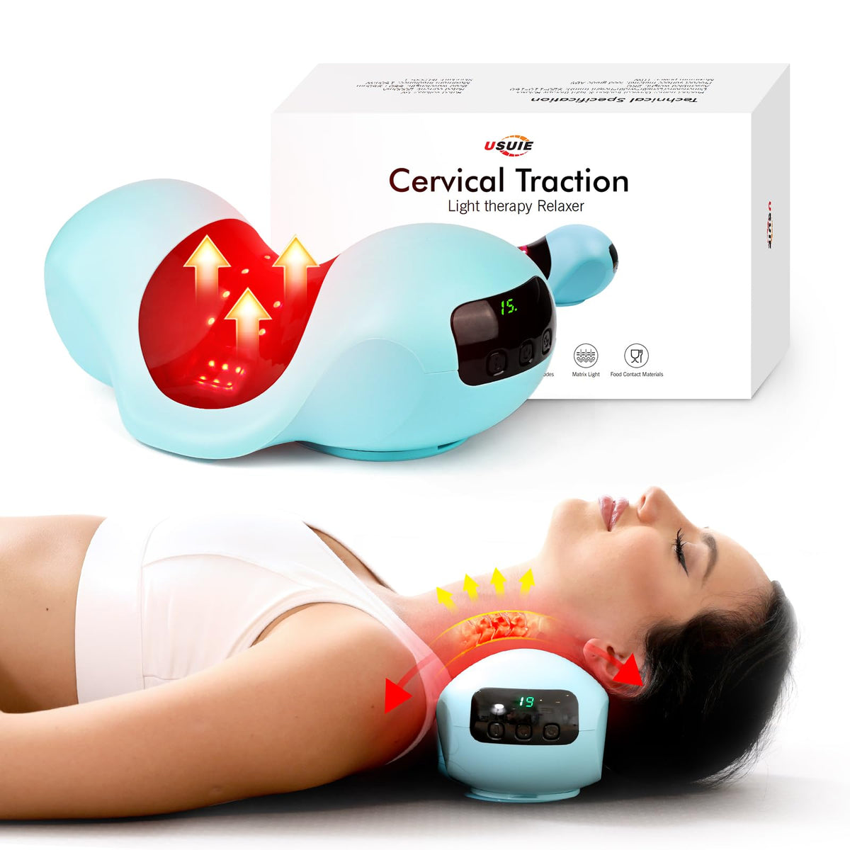 USUIE Red Light Therapy Neck Traction Pillow, Neck Stretcher for Neck Pain Relief, Cervical Traction Device for Tension Headache and Neck Hump Corrector