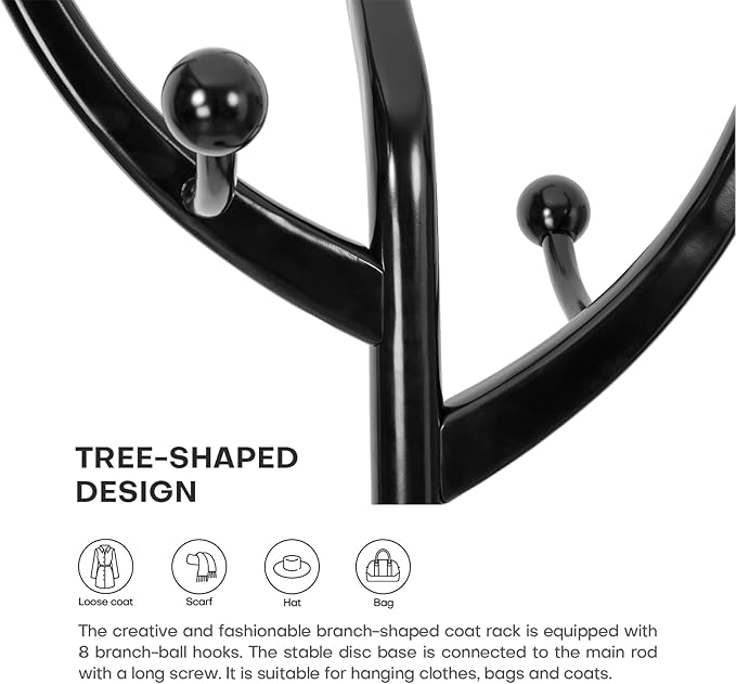 Wood Coat Rack Coat Tree Freestanding with Hooks, Heavy Duty Standing Coat Rack with Solid Round Base, 74” Tree Shaped Coat Hanger Stand for Clothes, Hat, Jacket, Entryway Bedroom, Balck