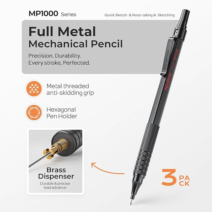Nicpro 0.7 mm Mechanical Pencil Set with Case, 3 Metal Artist Pencil With 8 Tube HB Lead Refills, 3 Erasers, 9 Eraser Refills For Architect Art Writing Drafting Drawing, Engineering, Sketching, Black