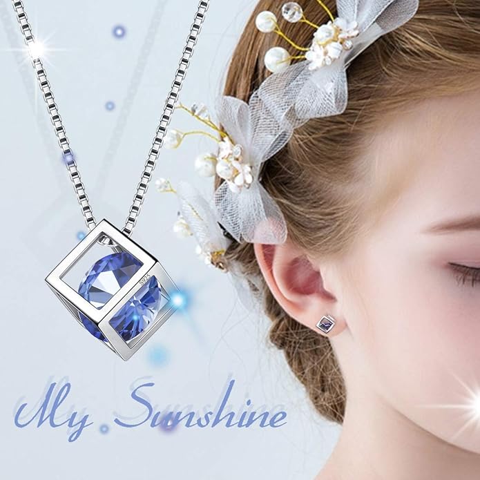 Aurora Tears Birthstone Necklace/Earring 925 Sterling Silver Women Cross/3D Cube/Cresent Moon Birth Stone Jewelry Mens Birthday Gift Anniversary Present