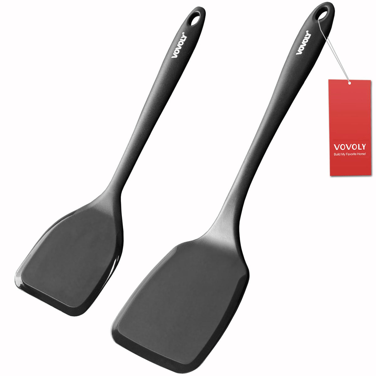 Silicone Spatula Set, 600°F Heat Resistant Silicone Spatula Turner Flipper for Cooking, Non Stick and Non Scratch Kitchen Utensils for Eggs, Burgers, Crepes, 2-Pack Solid Spatulas Set, Black