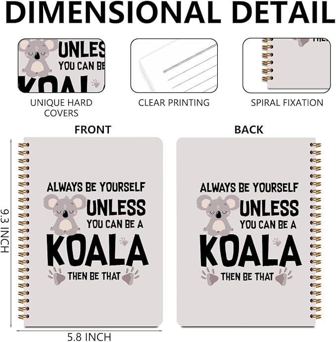 2 Pcs Koala Spiral Notebooks for Work, A5(8.3x5.8inch) Composition Notebook College Ruled Note Book, Cute Diary Hardcover Notepads Lined Travel Journal for Writing, Koala Lovers Gifts for Women