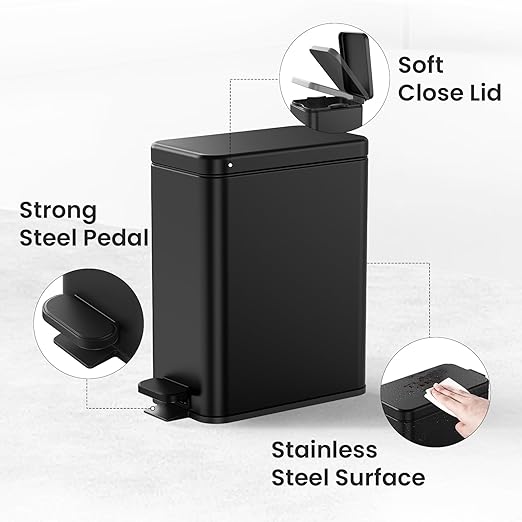 Cesun Bathroom Trash Can with Lid, 2.6 Gallon Small Black Bathroom Garbage Can Soft Close, Stainless Steel Waste Basket with Step Pedal for Bedroom, Laundry Room, Living Room, Home Office, Toilet, RV