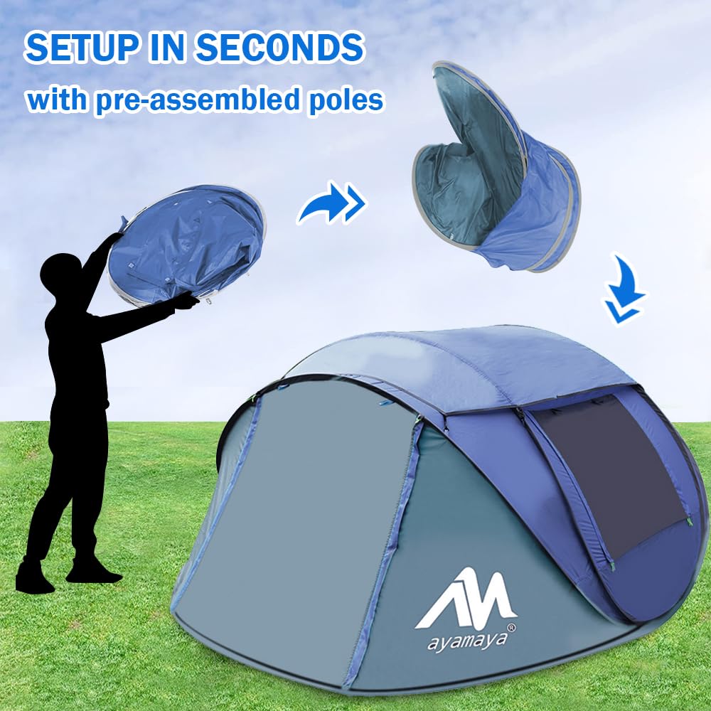 4 Person Pop Up Tents for Camping - AYAMAYA Waterproof Instant Family Tents with Skylight & Removable Rainfly, Upgraded Large Size with 2 Doors -Automatic Easy Setup Beach Tent with Poles