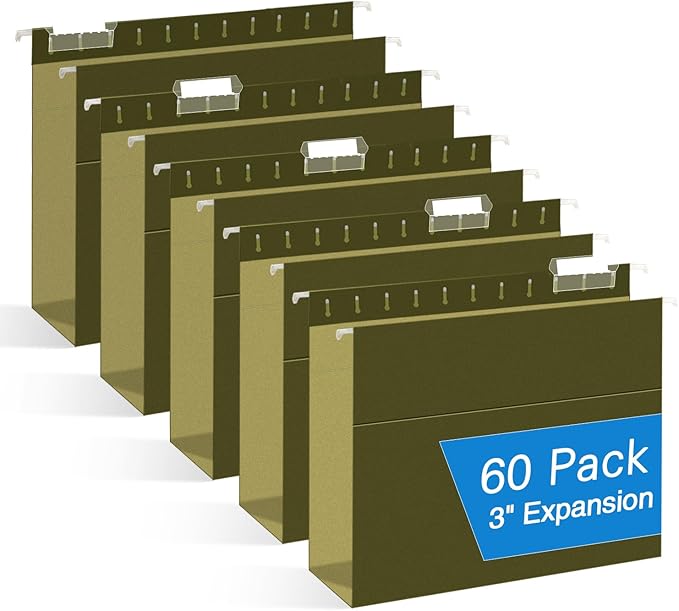 Extra Capacity Hanging File Folders, RAZCC 60 Pack Letter Size Reinforced Hanging Folders with Heavy Duty 3 Inch Expansion for Bulky Files, Filing Cabinet, Adjustable Tabs, Green