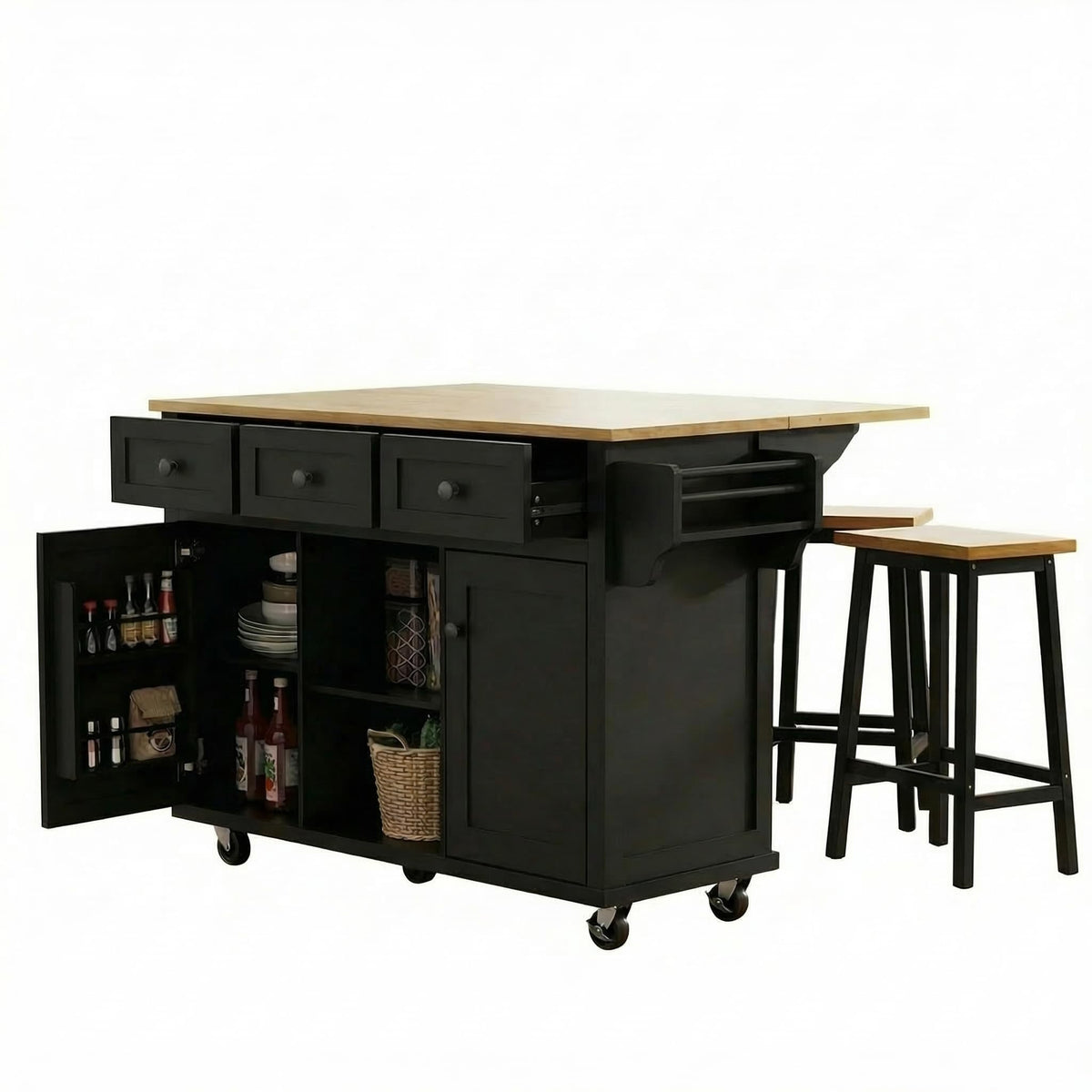 Waully 53'' Mobile Kitchen Island with Seating, Rolling Kitchen Island with Storage and Drop Leaf, 3 Drawers Islands Cart Rubberwood Top, 2 Open Shelves, Isla para Cocina, Black + 2 StooIs