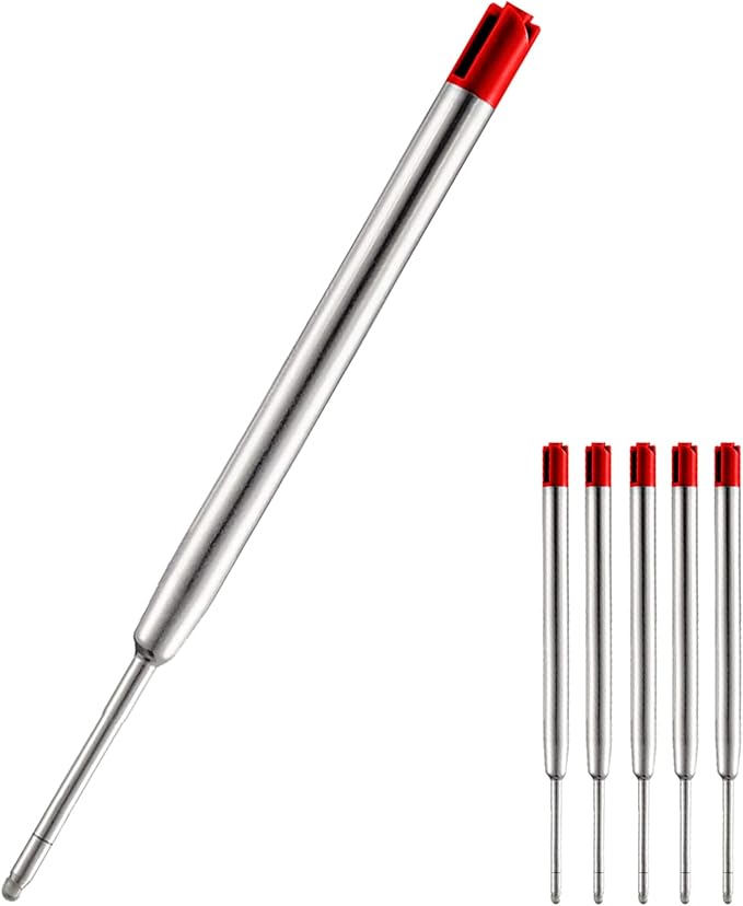 HeTaoCat Red Ink Refill Pack of 5, Replaceable Ballpoint Pen Refills, Medium Point Metal Refil (Red)