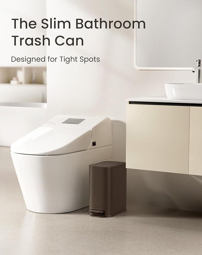 Cesun Small Bathroom Trash Can with Lid Soft Close, Step Pedal, 5 Liter / 1.3 Gallon Stainless Steel Garbage Can with Removable Inner Bucket, Waste Basket for Bathroom, Bedroom (Brown)