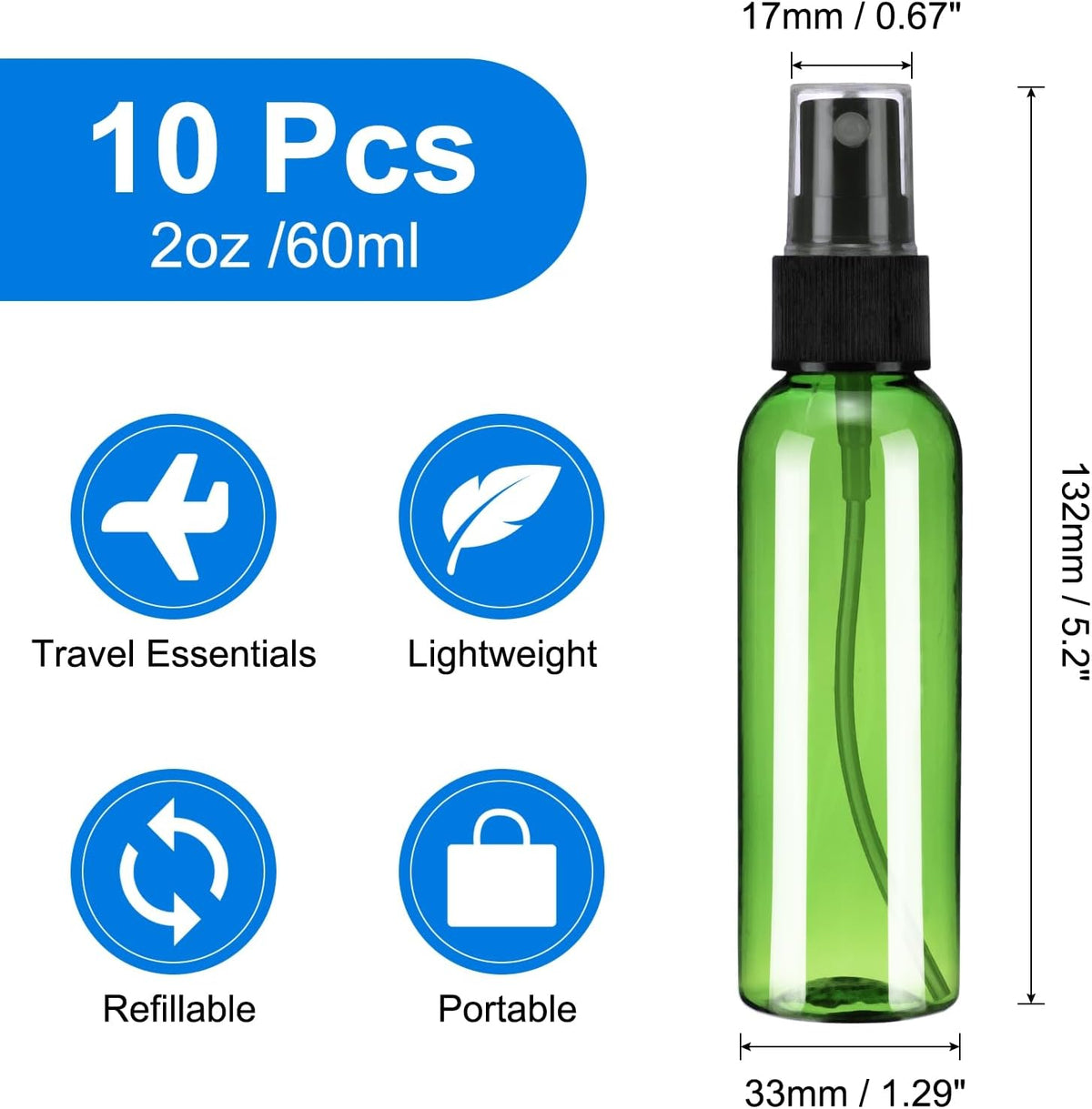 uxcell 10Pack Spray Bottles, 2 Oz/60ML Reusable Clear Empty Mist Plastic Mini Travel Bottle Set,Small Refillable Liquid Containers for Household Use, Essential Oil, Cleaning (Green Black)