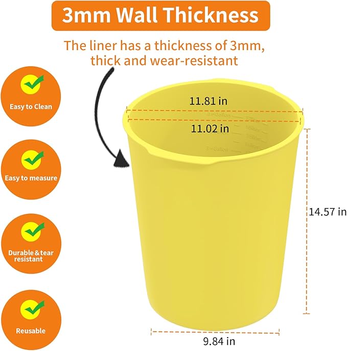 5 Gallon Silicone Bucket Liner - Reusable Measuring Mixing Liner for Concrete, Mortar, Grout, Paint - Food Grade Non-Stick with Measurement Marks - Easy to Clean & Durable (Yellow)