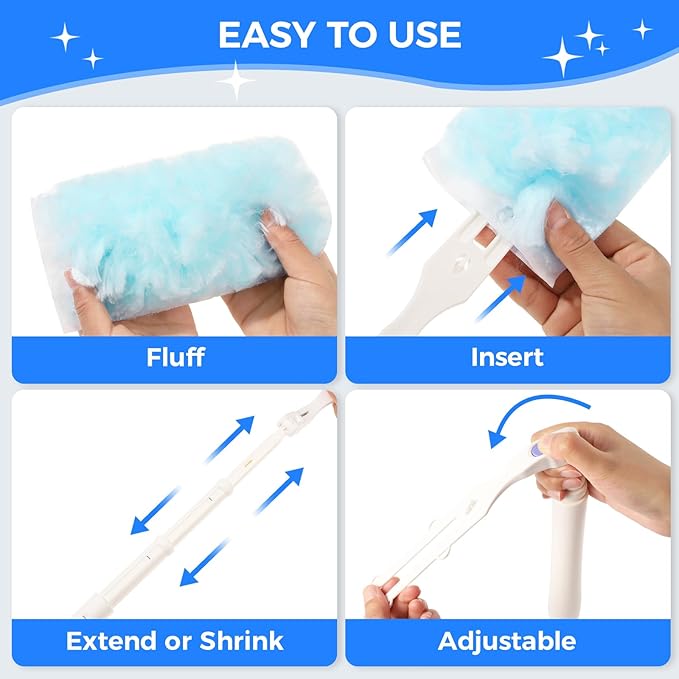 30 PCS Disposable Dusters Refills, 360 Degree Microfiber Duster Refills Kit with Extended Handle, Electrostatic Disposable Duster for Cleaning (1 Long Handle + 1 Short Handle + 30 Refills)