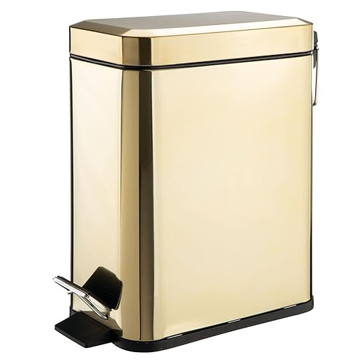 mDesign Small Modern 1.3 Gallon Rectangle Metal Lidded Step Trash Can, Compact Garbage Bin with Removable Liner Bucket and Handle for Bathroom, Kitchen, Craft Room, Office, Garage - Soft Brass