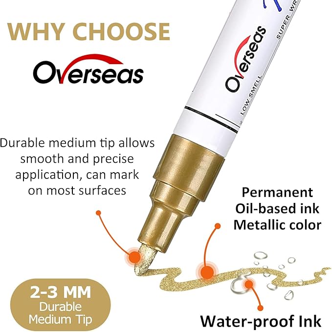 Paint Pens Paint Markers - Gold Permanent Markers 8 Pack, Oil Based Waterproof Quick Dry Medium Tip Marker Pen for Metal, Wood, Fabric, Plastic, Rock, Stone, Mugs, Canvas, Glass, Art Craft