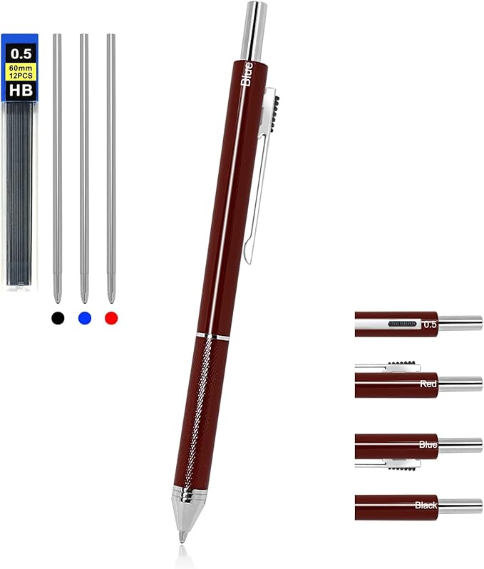 YOUMI Multicolor pen 4 in 1 Multifunction Pen with Metal Cased 0.5mm Mechanical Pencil Red Ballpoint Pen Blue BallpointPen and Black Ballpoint Pen Gift for Journaling (Red)