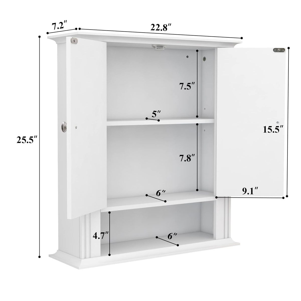 White Bathroom Wall Cabinet, Over the Toilet Storage Cabinet, Bathroom Cabinet Wall Mount, 2 Doors & Hooks, Medicine Cabinet Organizer, Hanging Wall Cabinet Cupboard for Kitchen Laundry Room White