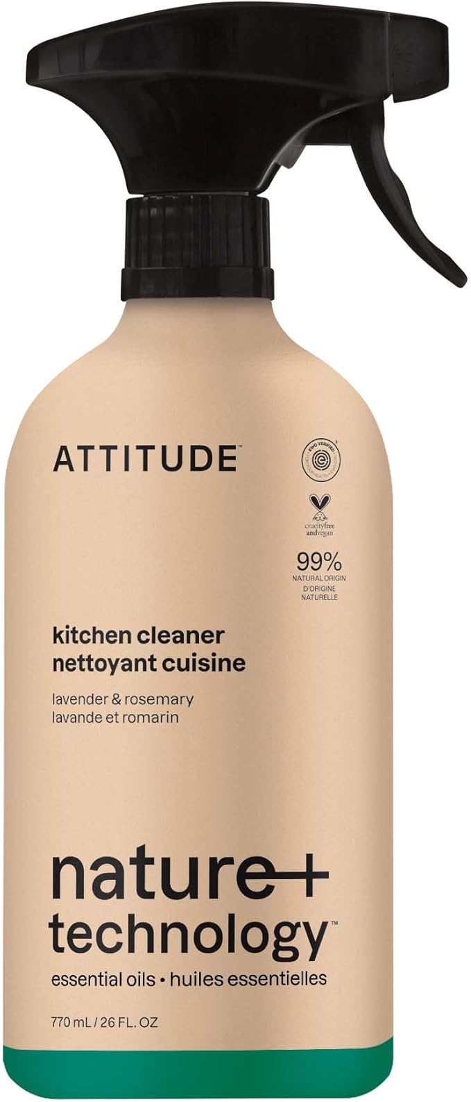 ATTITUDE Kitchen Cleaner Spray, Natural Origin Ingredients, EWG Verified, Cleans and Degreases, Streak-Less, Lavender & Rosemary, 26 Fl Oz