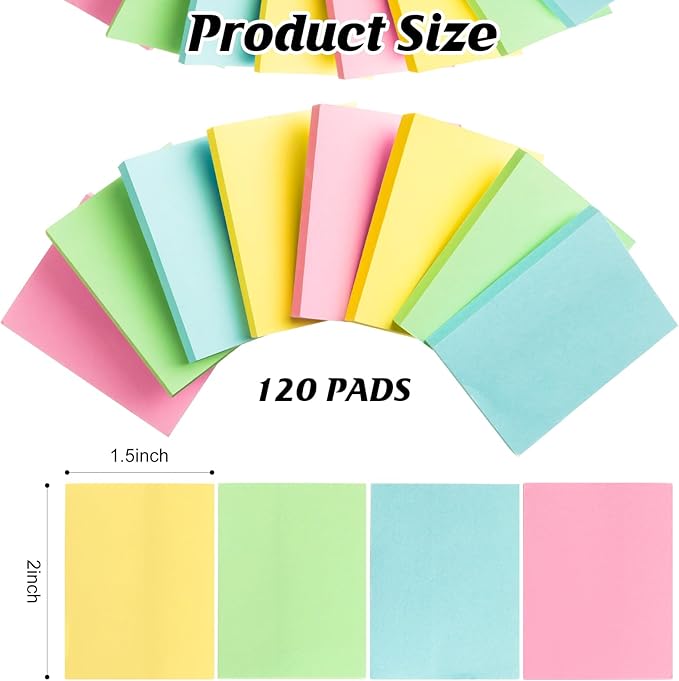 120 Pads Sticky Notes Bulk 1.5 x 2 Inch Mini Self Stick Note Small Assorted Bright Colors Paper Memo for Office School Notebook Supplies 50 Sheets/pad (Classic Color)