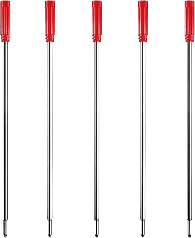DunBong Red Ink Refill Pack of 5, Replaceable Ballpoint Pen Refills, Medium Point Metal Refill (Red)
