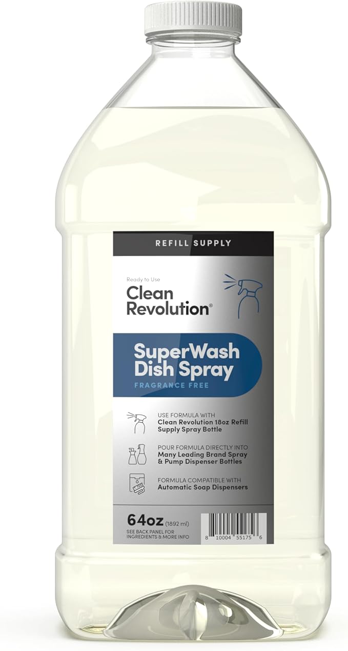 Clean Revolution Dish Spray, Powerful Formula Cuts Through Grease, Compatible with Dawn Powerwash Sprayers and Foamers, Fragrance Free, 64 Fl Oz