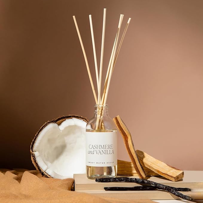 Sweet Water Decor Non-Toxic Cashmere and Vanilla Reed Diffuser Set, Cashmere, Sandalwood, Milky Coconut, Bourbon Vanilla Scented Diffuser for Home, Light Fragrance, Made in The USA, 3.5 FL OZ