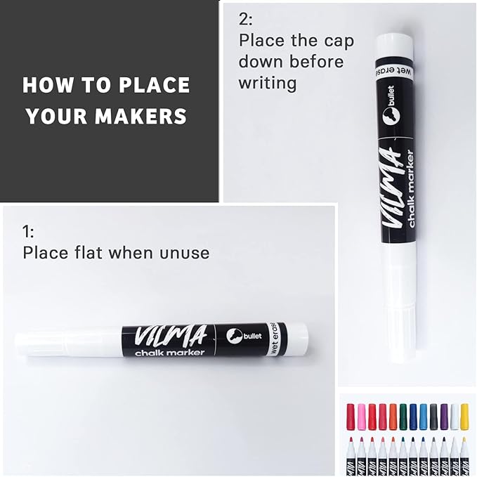 VILMA White Liquid Chalk Markers 36 Pack Chalk Pens for Blackboard, Chalkboard, Windows, Glass, LED Board, Bistro Signs – Erasable Water-Based Ink Ideal for Teachers, Artists & DIY Projects