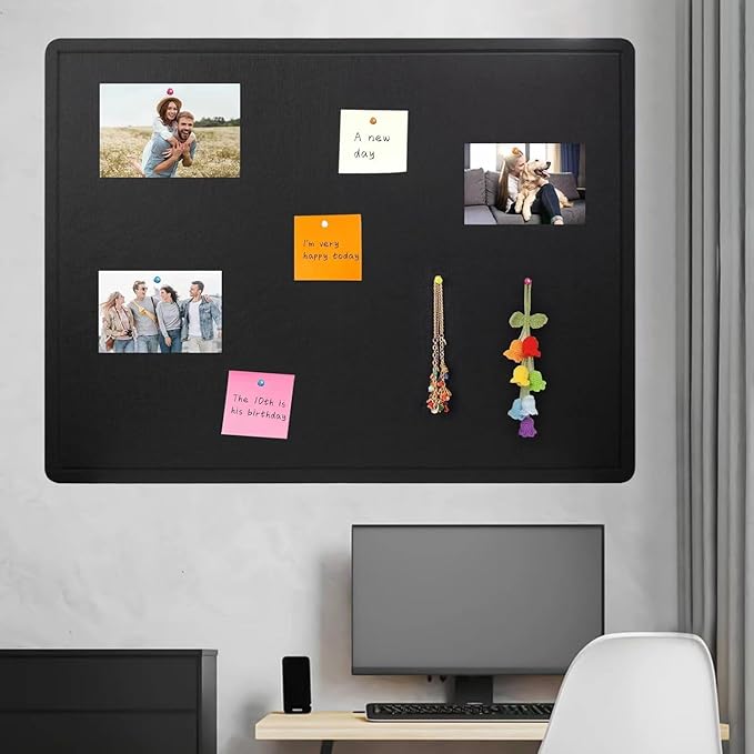 Bulletin Board - 35 x 17.5 inches Decorative Felt Pin Board - Cork Board Alternative for Wall - Foldable Photo Board Self-Adhesive Prayer Board with 20 Pushpins - Black