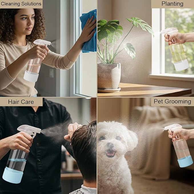 Glass Spray Bottles with Silicone Sleeve 16.9oz 2 Pack Empty Spray Bottle for Hair Mist/Stream Spraying for Cleaning Solutions, Plants, Essential Oils (clear-qblue&white)