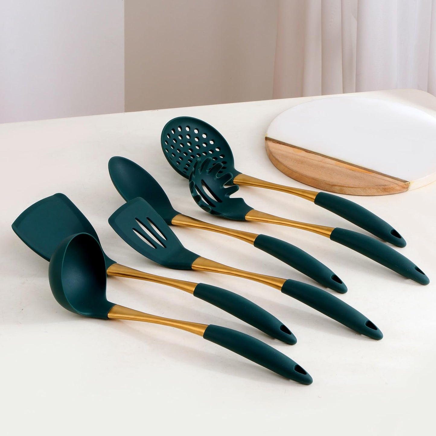 BYEGOU Green and Gold Silicone Cooking Utensils Set - 7-Pieces Nonstick Safe Kitchen Utensil Set with Heat Resistant Comfort Handles - Includes Gold Utensil Drain Holder