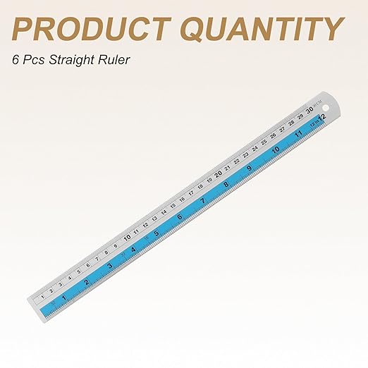 HARFINGTON 6pcs Metal Straight Ruler 30cm Metric SAE Aluminum Alloy Measuring Rulers Scale Tools with Hole for Measure Study Reading Classroom Office, Blue