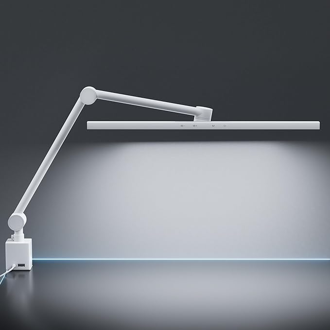 deeloop 2-Arms Swing Long LED Desk Lamp with Clamp, CRI 95+ Eye-Caring Light, USB Charging Output, 2-Hour Timer, Dimmable Desk Light with Memory, Architect Desk Lamps for Home Office Reading &Monitor