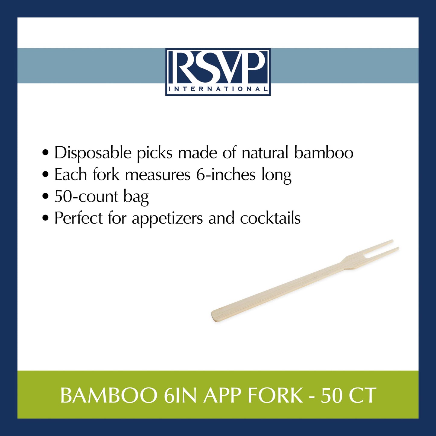RSVP International Compostable Bamboo Serving & Cocktail Picks, Appetizer Fork, 50-Count, 6"