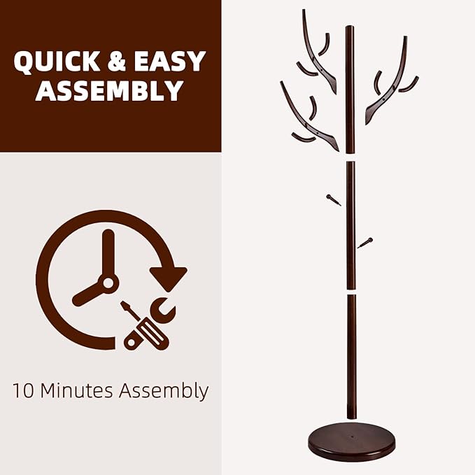 Uniclinens Coat Rack Freestanding Solid Wood Coat Tree Standing with 12 Hooks, Coat Rack Stand Creative Tree Branch-look (Dark Walnut)