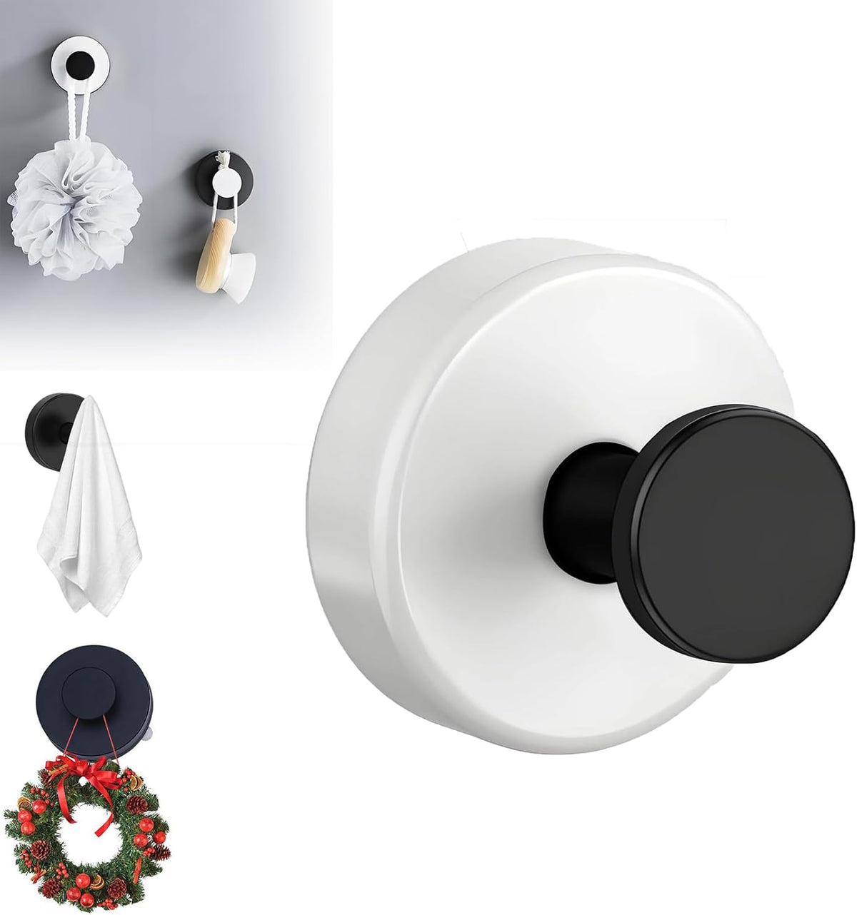 Suction Cup Hooks for Wreaths, 2025 New No Drill Suction Cup Hooks on Glass, Wreath Hanger for Front Door, Rustproof Hook Holder Towel Hook for Window Bathroom Mirrors Tile (1, White A)