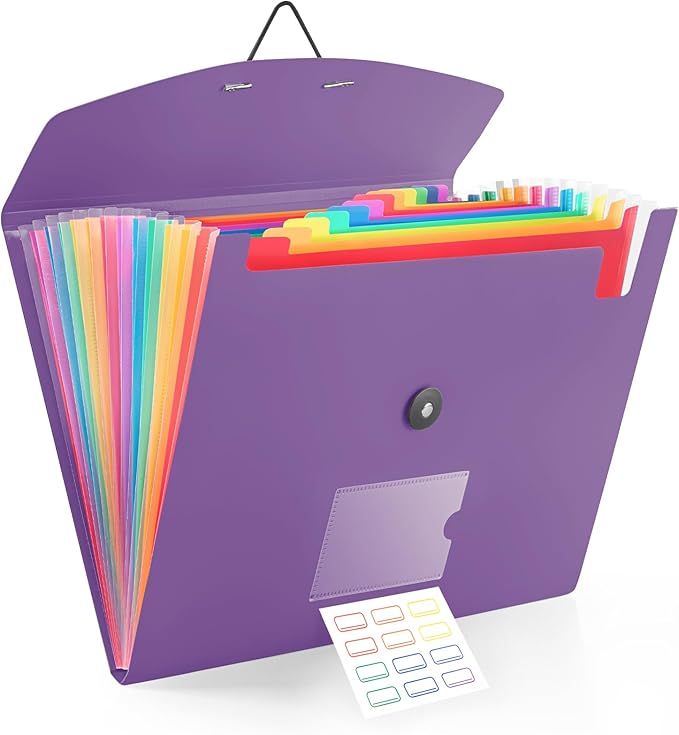 13 Pocket Accordion File Organizer with Elastic Closure, Expanding File Folder for Letter Size A4 Papers, Ideal for Home, Office Supplies, College Essentials - Purple