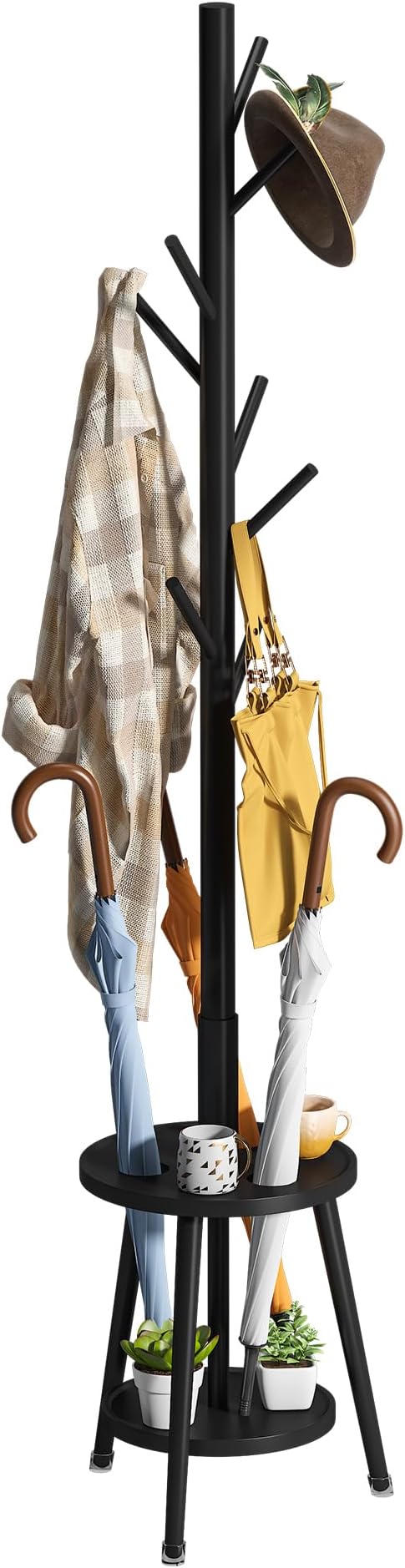 FILWH Freestanding Coat Rack with Umbrella Organizer Tray Bamboo Coat Tree Rack with 8 Hook Stand for Clothes Bag Hats Entryway Hanger Stand(Black)