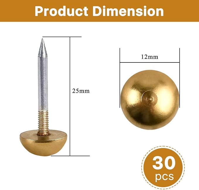 30 Pcs Retro Solid Pure Brass Tacks, 1/2",12 mm Upholstery Nails for Furniture, Decorative Brass Nails for Wood, Carpet Tacks, Cap Nails,Thumb Tacks, Brass Fasteners