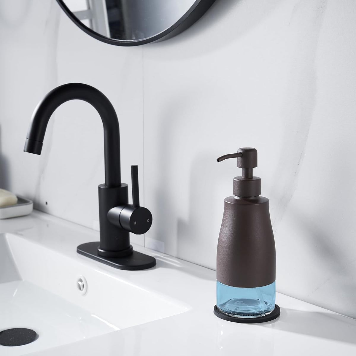 Gaussra Bronze Soap Dispenser with Coaster and Stickers, Stainless Steel and Glass Bottle Hand Pump Dispenser, Refillable Liquid Hand Soap Dispenser for Bathroom & Kitchen (11OZ / 320ML)