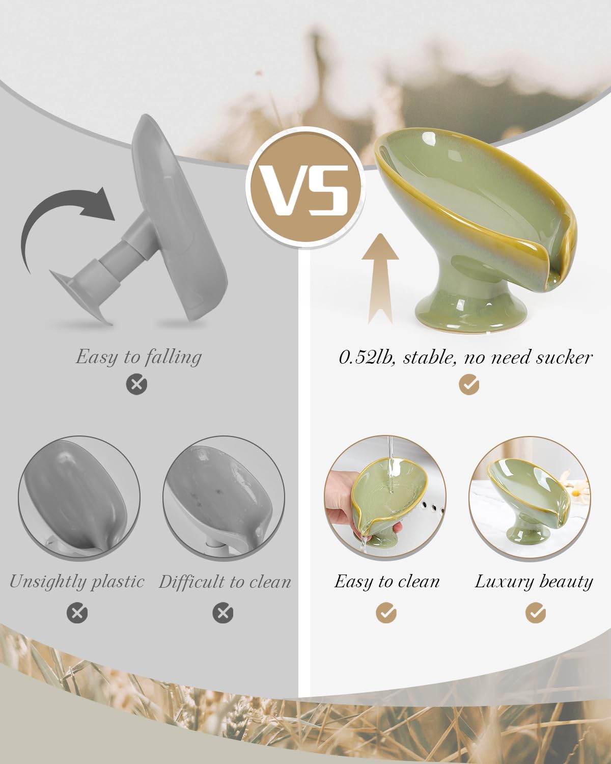 Soap Dish, Self Draining Bar Soap Holder for Bathroom Sink, Leaf Shaped Drainage Ceramic Olive Green Porcelain Decorative Soap Dish, No Suction Cup, ANTIS'S HOME