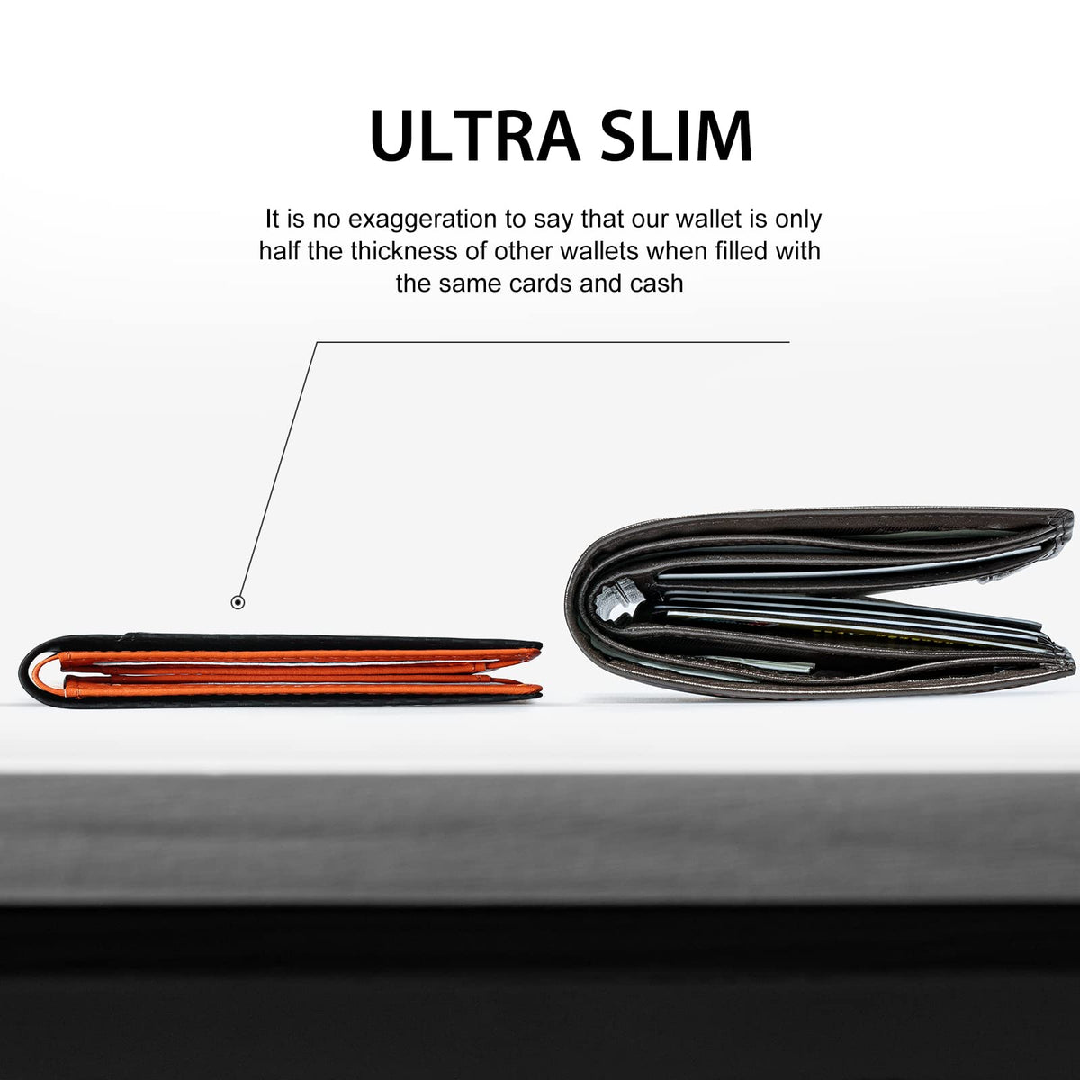 GSOIAX Mens Slim Wallet for Men Minimalist Genuine Leather Carbon Fiber Rfid Blocking Bifold Credit Card Holder With Gift Box (Carbon Black and Orange)