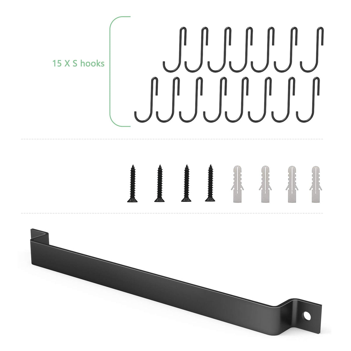 Housolution Kitchen Rail with 15 Hooks, 16 Inch Wall Mounted Hanging Utensil Rack Kitchen Utensil Hanger for Kitchen, 1 Pack, Black