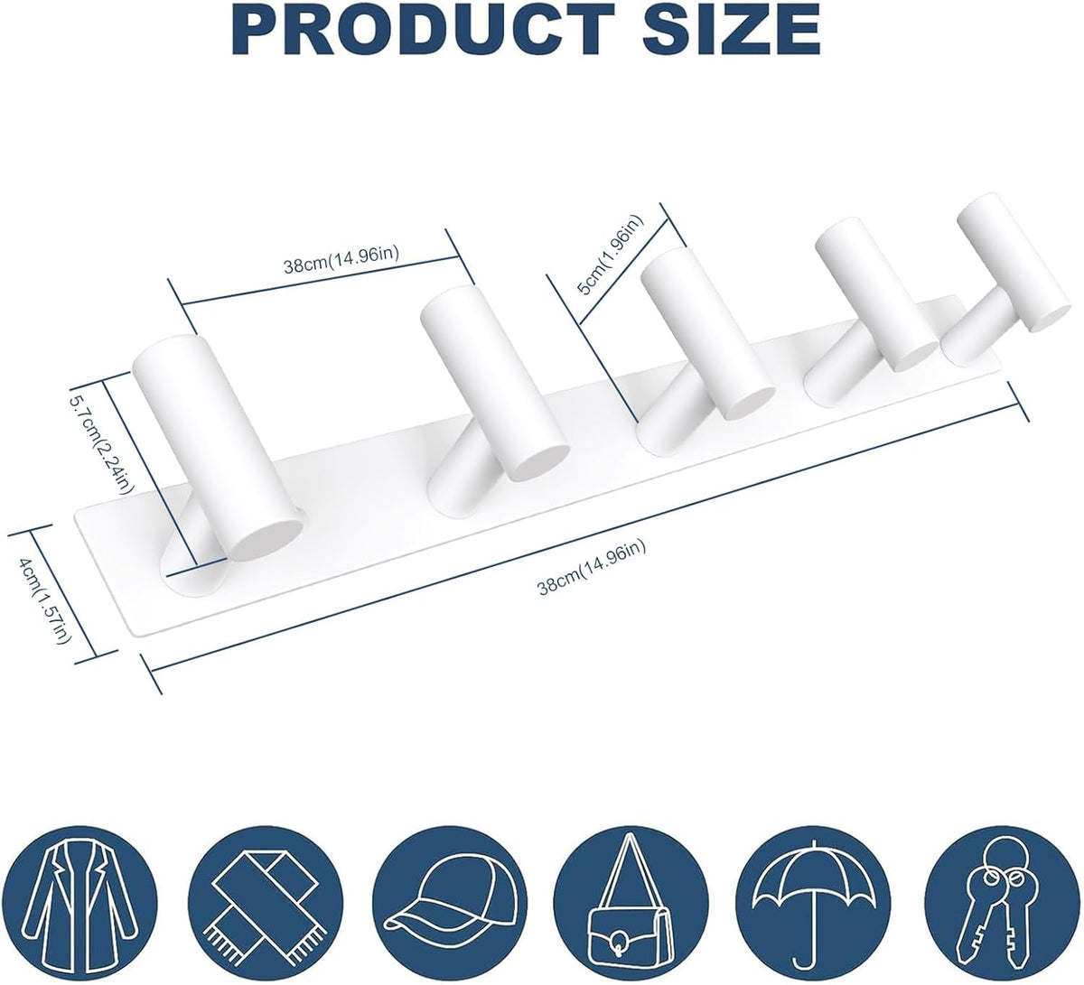 VAEHOLD Hat and Coat Wall Mount Rack - Hooks for Robes, Bags, Keys, and Towels - Bathroom Towel Hanger Organizer (White, “T“ Shape 5 Hooks 2 Pack)