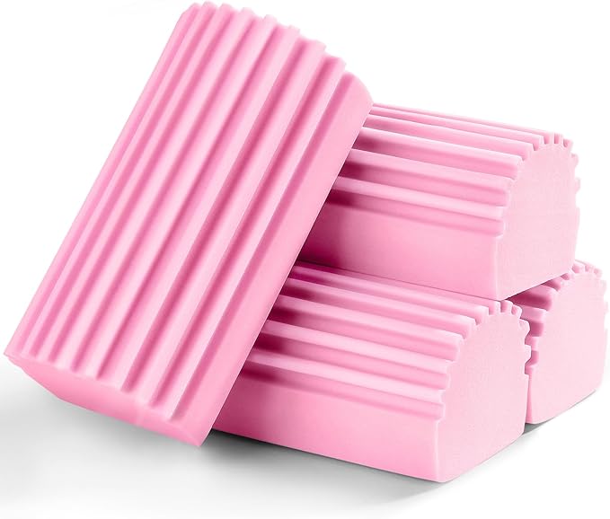 4-Pack Damp Clean Duster Sponge, Sponge Cleaning Brush, Duster for Cleaning Blinds, Glass, Baseboards, Vents, Railings, Mirrors, Window Track Grooves and Faucets Pink Non-Scratch Sponges