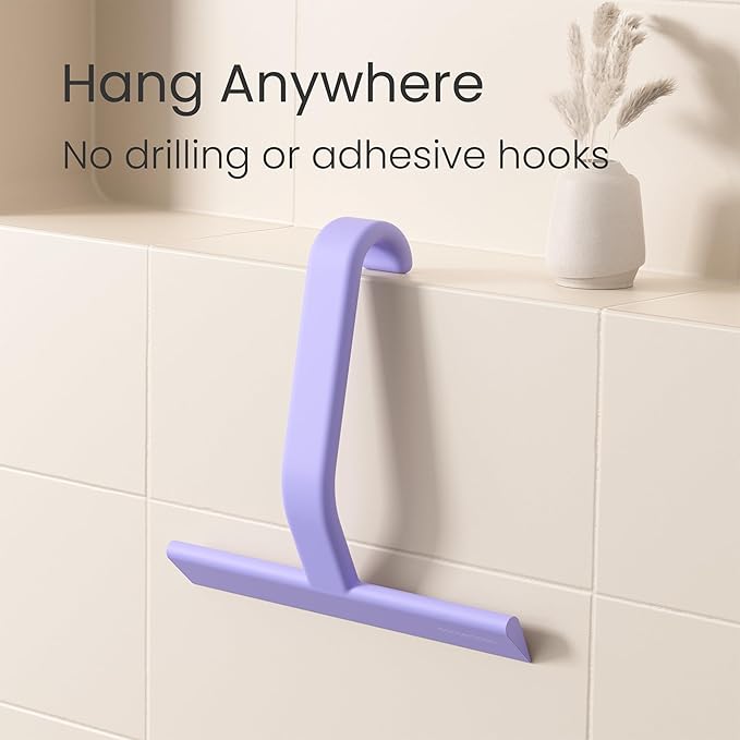 dancemoon JustHang Shower Squeegee for Glass Doors, All-one-Piece Silicone with Built-in Hook Design for Easy Hanging and Cleaning, 10 Inch Purple