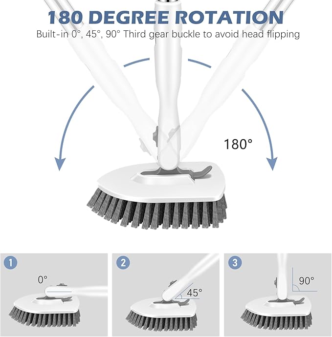 SetSail 4-in-1 Tile Tub Floor Scrubber with 52-inch Long Adjustable Handle Shower Cleaner Brush with V-Shaped Grout Brush and 3 Replacement Brush Heads for Bathroom Kitchen Sink Walls Tub Tile, White